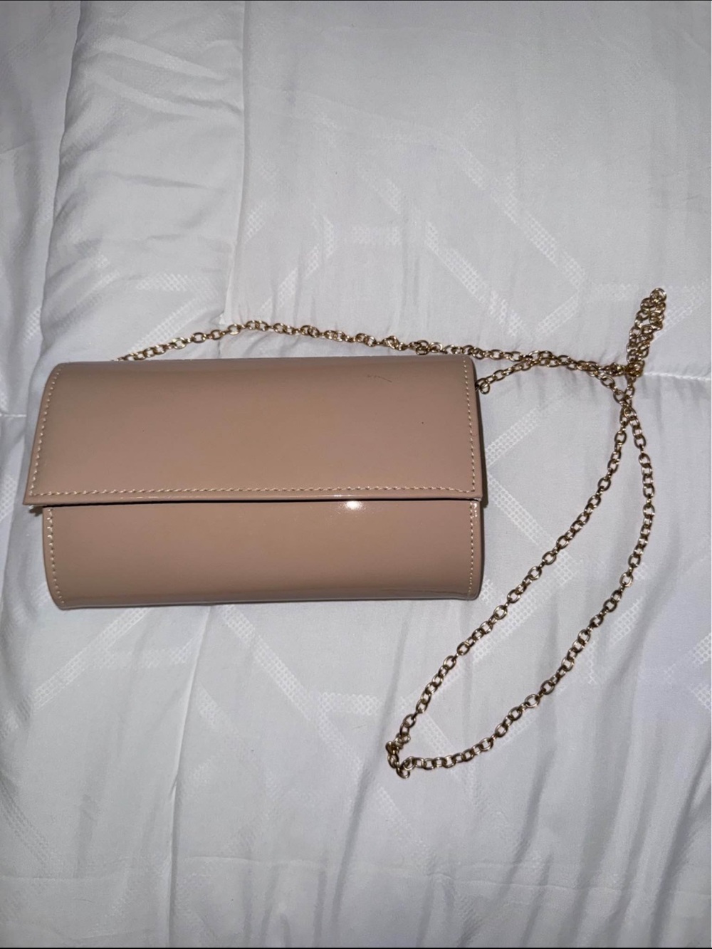 Women's Neutral Patent Leather Crossbody Bag with Gold Chain
